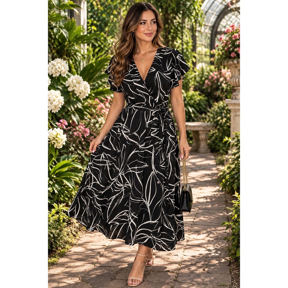 DKNY Faux Wrap Dress Womens 6 Black White Abstract Leaf Flutter Sleeve Cocktail